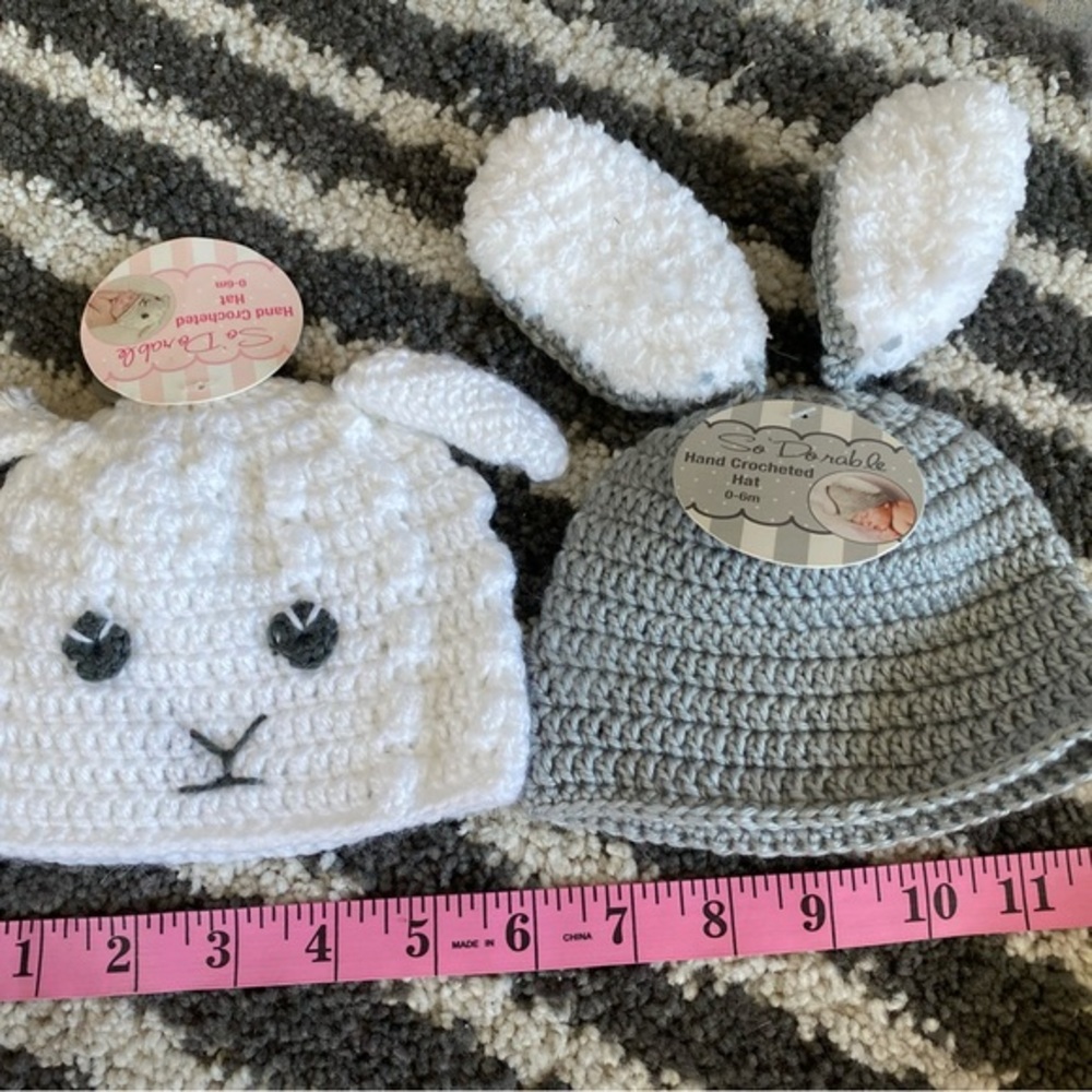 Two hand crocheted beanie hats for baby👶🏻🐰add some fun2 your little wardrobe